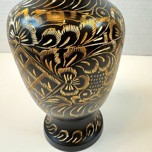 Vintage Metal Flower Vase Black Gold Brass Etching Floral Pattern India - Picture 2 of 6